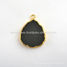 Wholesale Black Onyx Slice Gemstone Bezel Station Micron Gold Plated Sterling Silver Bezel Connector and Charm